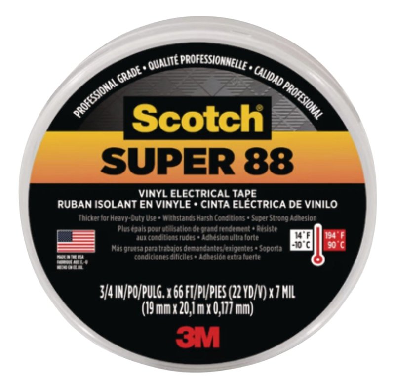 Scotch 88 Electrical Tape, 66 ft L, 3/4 in W, PVC Backing, Black, 73 deg F