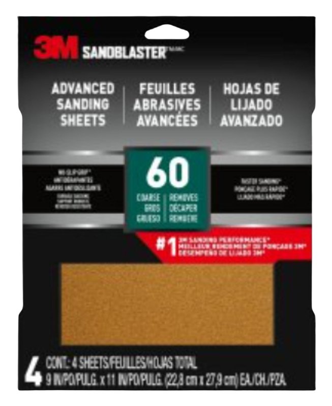 3M SandBlaster Series 20060-G-4 Sandpaper, 11 in L, 9 in W, 60 Grit, Coarse, Synthetic Mineral Abrasive