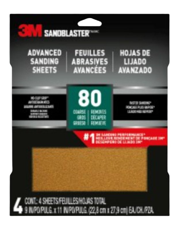 3M SandBlaster Series 20080-G-4 Sandpaper, 11 in L, 9 in W, 80 Grit, Coarse, Aluminum Oxide Abrasive, 4/PK