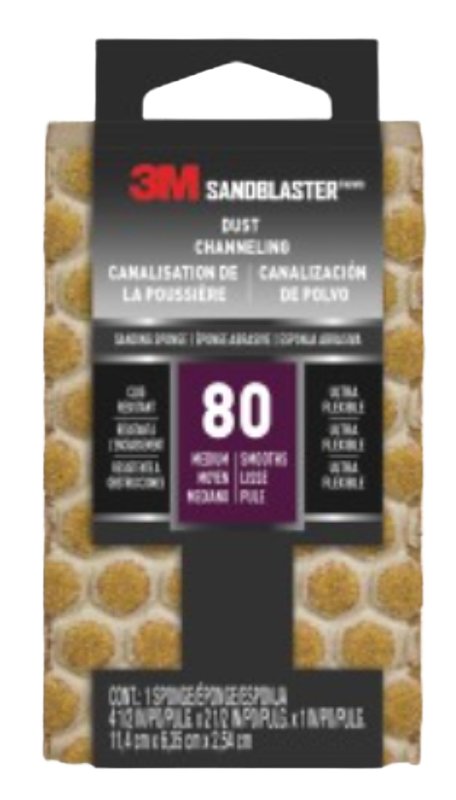 Scotch 20908-80-UFS Sanding Sponge, 4-1/2 in L, 2-1/2 in W, 80 Grit, Medium, Aluminum Oxide Abrasive