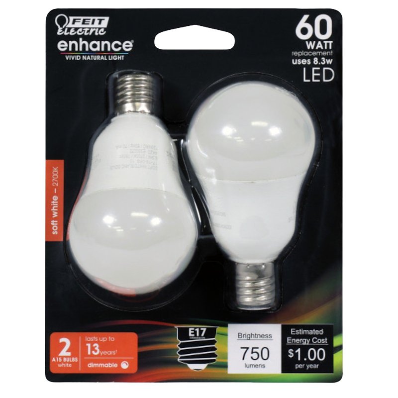Feit Electric BPA1560N/927CA/2 LED Bulb, General-Purpose, A15 Lamp, 60 W Equivalent, E17 Lamp Base, Dimmable, White