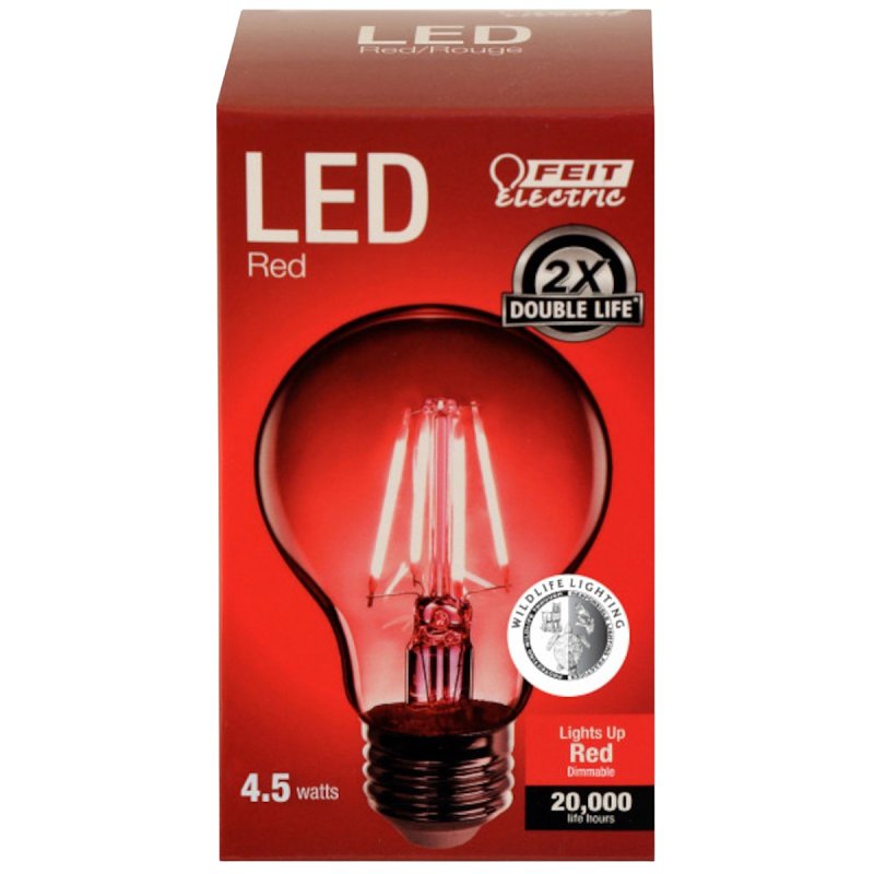 Feit Electric A19/TR/LED Filament LED Bulb, General-Purpose, A19 Lamp, E26 Medium Lamp Base, Dimmable, Clear, Red