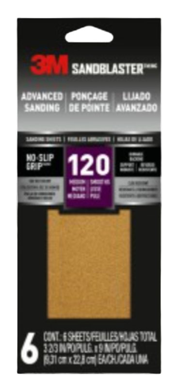3M SandBlaster Series 11120-G-6 Sandpaper, 9 in L, 3-2/3 in W, 120 Grit, Medium, Aluminum Oxide Abrasive