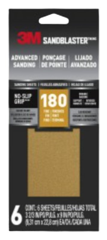 3M SandBlaster Series 11180-G-6 Sandpaper, 9 in L, 3-2/3 in W, 180 Grit, Medium, Synthetic Mineral Abrasive