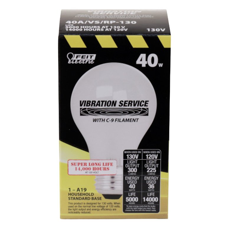 Feit Electric 40A/VS/RP-130 Incandescent Bulb, 40 W, A19 Lamp, E26 Medium Lamp Base, 300 Lumens, 2600 K Color Temp