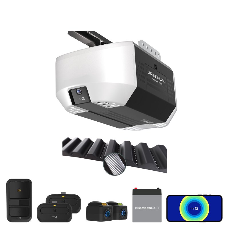 Chamberlain B4310 3/4 HP Belt Drive Smart Garage Door Opener with Fixed Camera, Battery Backup, 2-Bulb Lighting, and myQ Connectivity