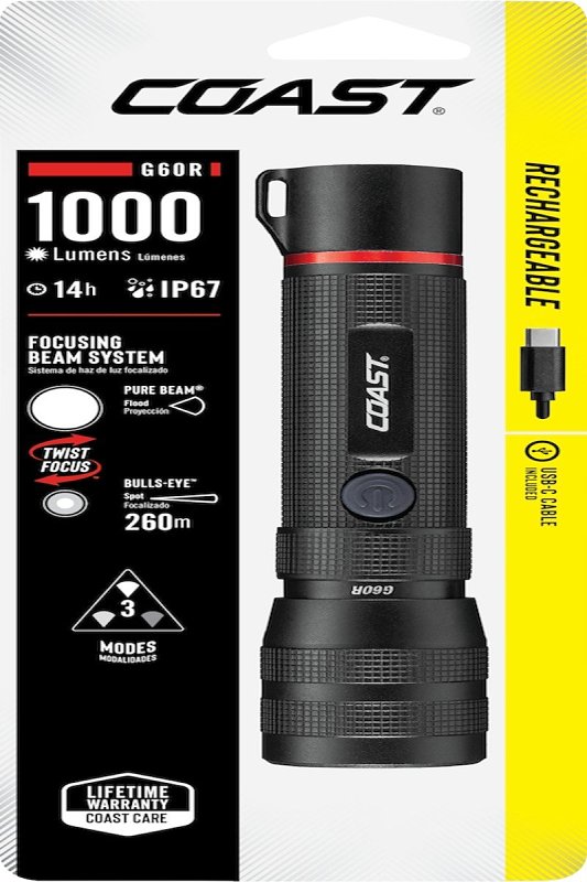 Coast 31210 Flashlight, Lithium-Ion Battery, 120 Lumens Low, 420 Lumens Medium, 1000 Lumens High, Flood, Spot Beam