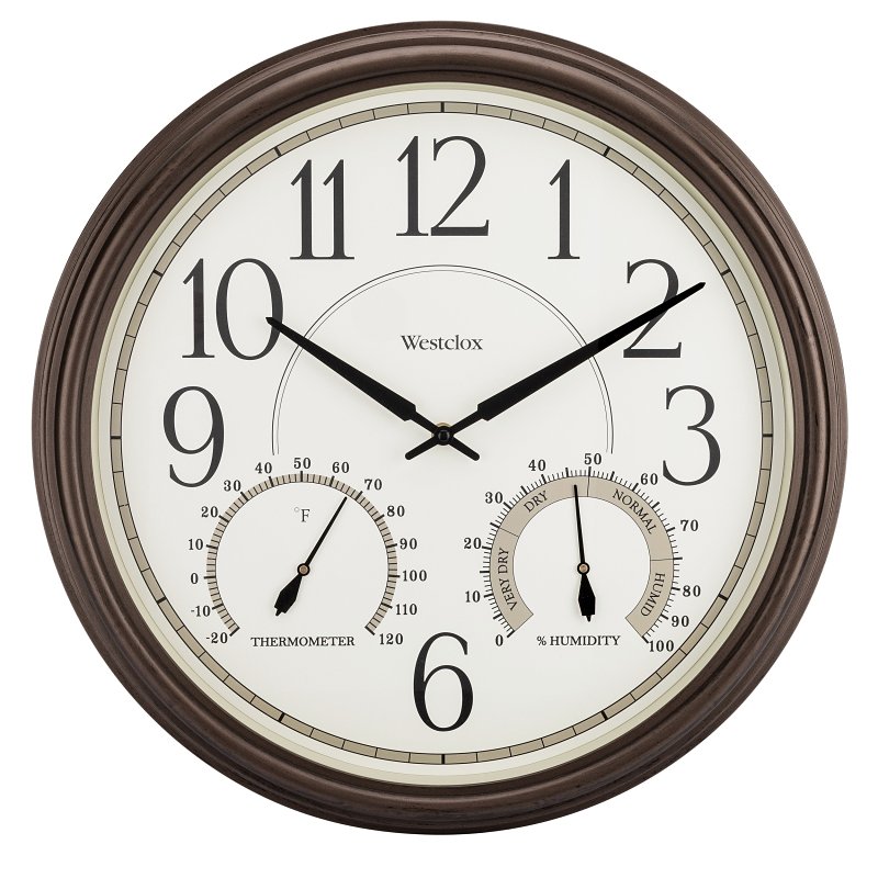 Westclox 32247 Clock, 20 in Dia, Round, Bronze Frame, Plastic Clock Face, Analog, Glass Lens