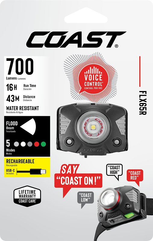 Coast FLX65R Headlamp, Zithion-X Battery, LED Lamp, 700 Lumens, Flood Beam, 180 m Beam Distance, 16 hr Run Time, Black