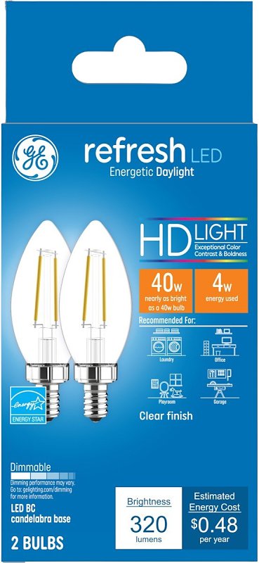 GE Industrial Solutions 31741 LED Bulb, 120 V, 300 Lumens, 4 W, BC Lamp, 40 W Equivalent, E12 Lamp Base, Dimmable