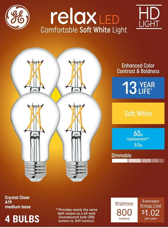 GE 93121729 LED Bulb, General-Purpose, A Style Lamp, 60 W Equivalent, E26 Lamp Base, Dimmable, Transparent, Soft White