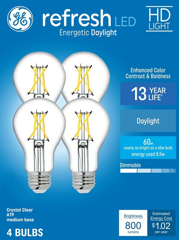 GE Refresh Series 93121730 LED Bulb, General-Purpose, A19 Lamp, 60 W Equivalent, E26 Medium Lamp Base, Dimmable