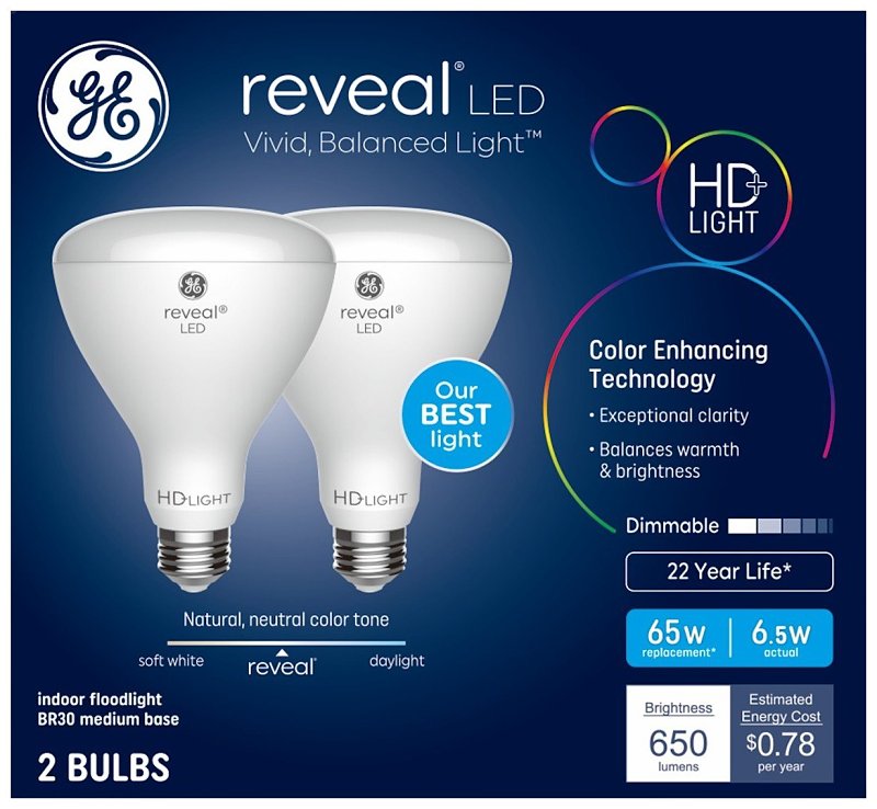 GE 93132027 LED Bulb, BR30 Lamp, 65 W Equivalent, E26 Medium Lamp Base, Dimmable, Soft White, 2950 K Color Temp