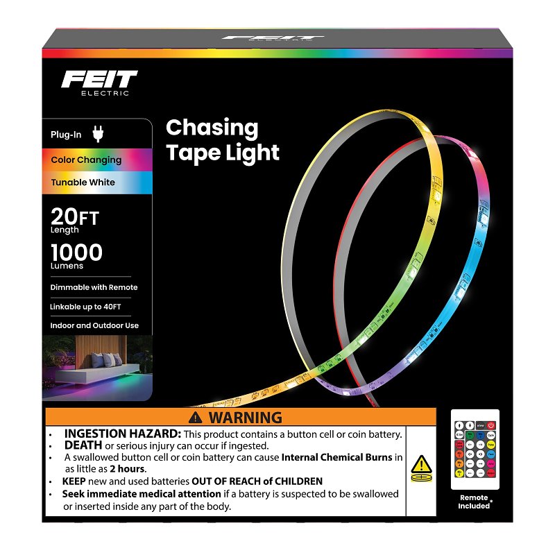 Feit Electric TAPE240/CHASE Color Chasing and Tunable Tape Light, 100/240 V, 24 W, LED Lamp, RGB/Tunable White
