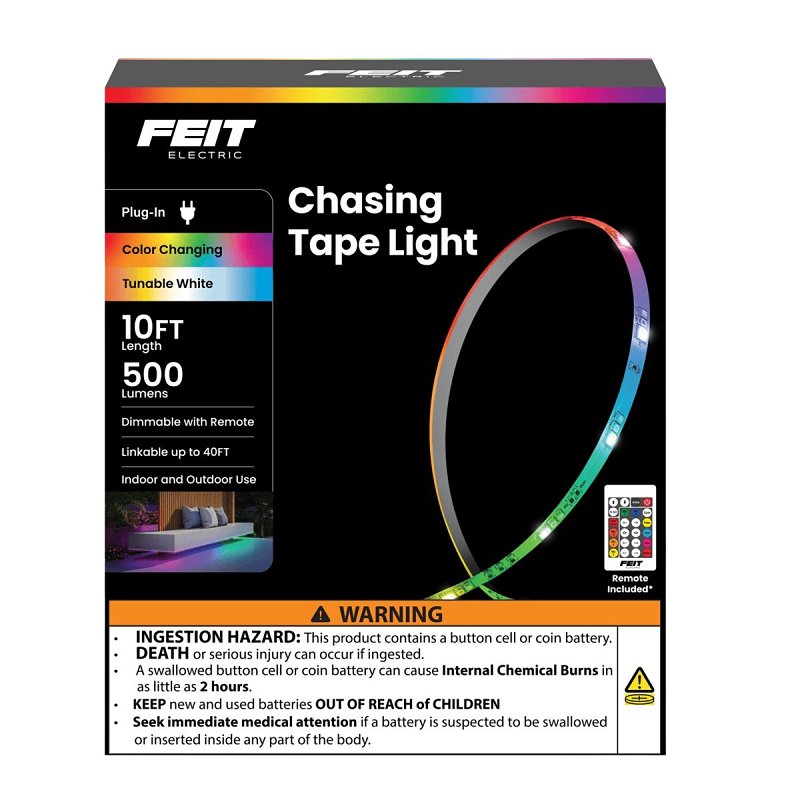 Feit Electric TAPE120/CHASE Color Chasing and Tunable Tape Light, 100/240 V, 24 W, LED Lamp, RGB/Tunable White