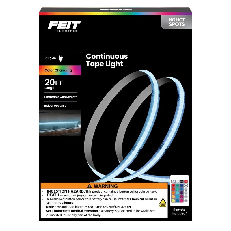 Feit Electric TAPE240/COB/RGB Indoor Continuous Color Tape Light, 120 V, LED Lamp, RGB, 120 Lumens