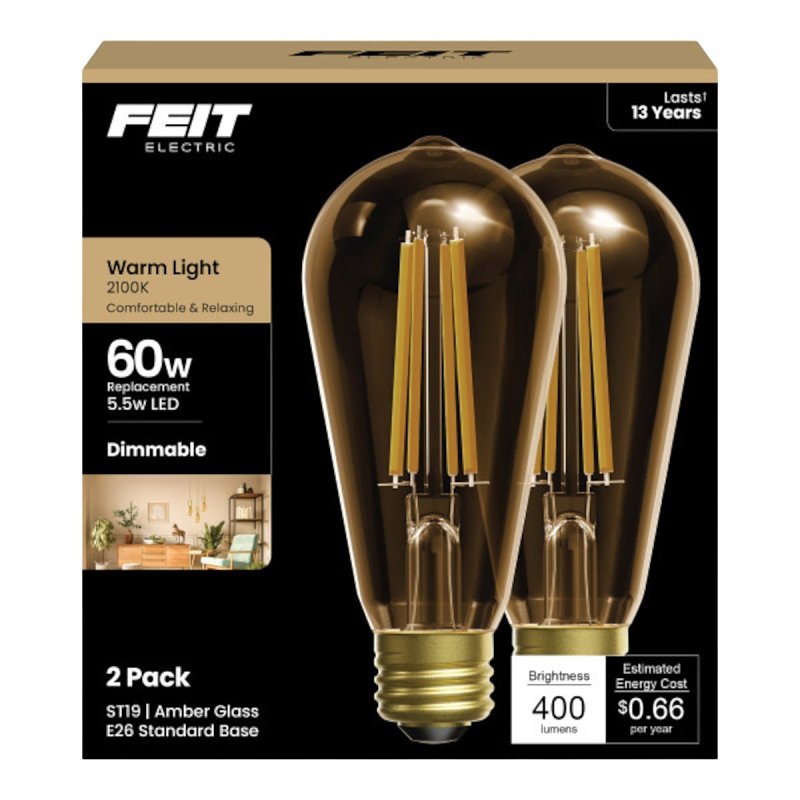 Feit Electric ST19/VG/LED/2 Filament LED Bulb, ST19 Lamp, 60 W Equivalent, E26 Medium Lamp Base, Dimmable, Amber