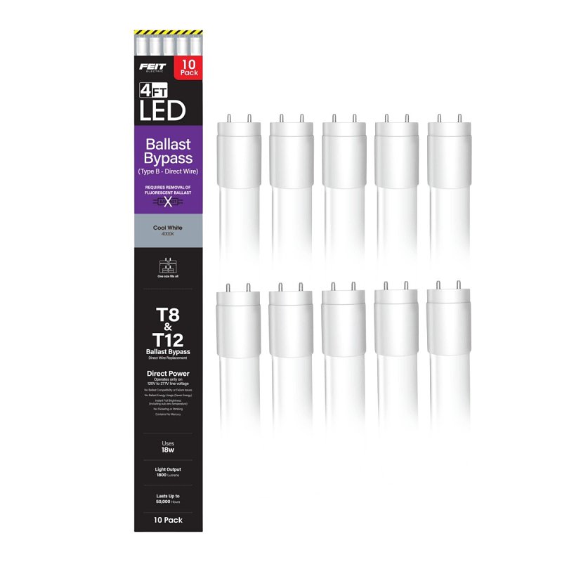 Feit Electric T48/840/B/LED/10 LED Linear Tube, Type B, T8 Lamp, 40 W Equivalent, G13 Lamp Base, Non-Dimmable