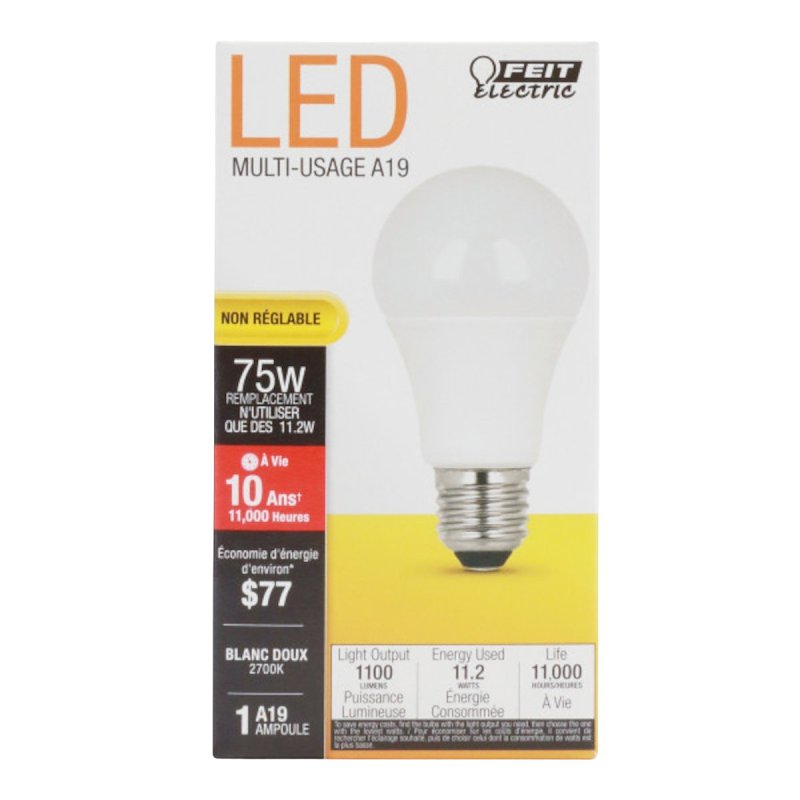 Feit Electric LED A19 Light Bulb, 75W Equivalent, Non-Dimmable