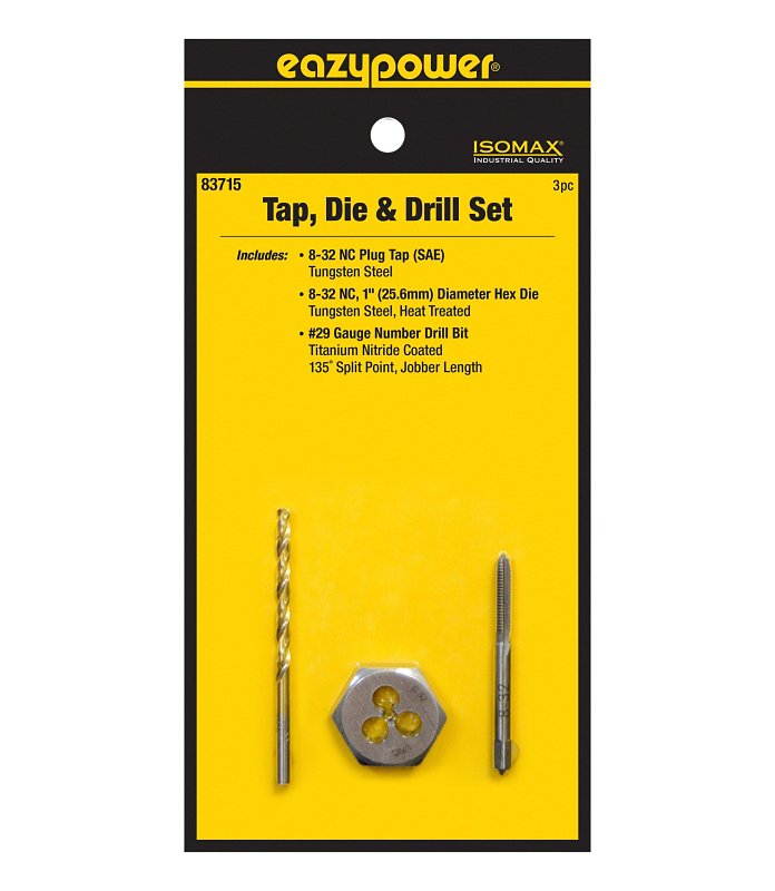 Eazypower 3‑Piece Tungsten Steel Tap, Die & Drill Set – #8‑32 Tap & Die with #29 Titanium‑Coated Drill Bit
