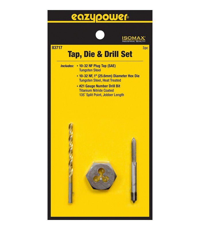 Eazypower 3‑Piece Tungsten Steel Tap, Die & Titanium‑Coated Drill Set – #10‑32 NF + #21 Drill