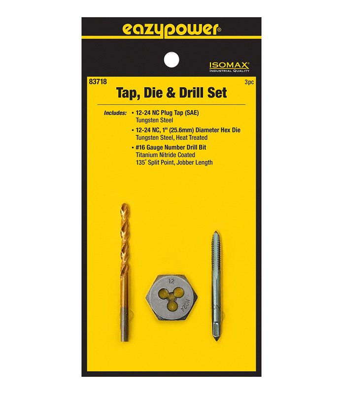 Eazypower 3‑Piece Tungsten Steel Tap, Die & Titanium‑Coated Drill Set – #12‑24 & #16