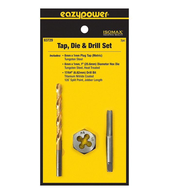 Eazypower 83729 Precision Tap, Die & Drill Kit – 3‑Piece Tungsten Steel Set with Titanium‑Coated Bit