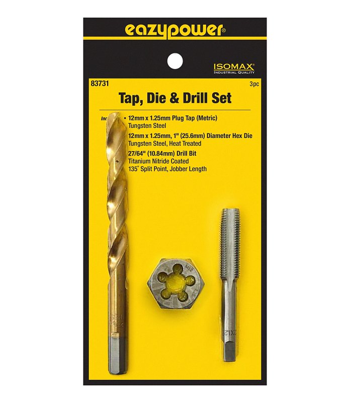Eazypower 83731 Precision Tap & Die Set with Titanium‑Coated Drill Bit – 3‑Piece Tungsten Steel Kit