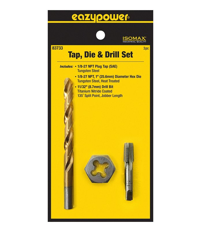 Eazypower 3‑Piece Tungsten Steel Tap, Die & Drill Set – 1/8‑27 NPT & 11/32 Inch Titanium‑Coated Bit