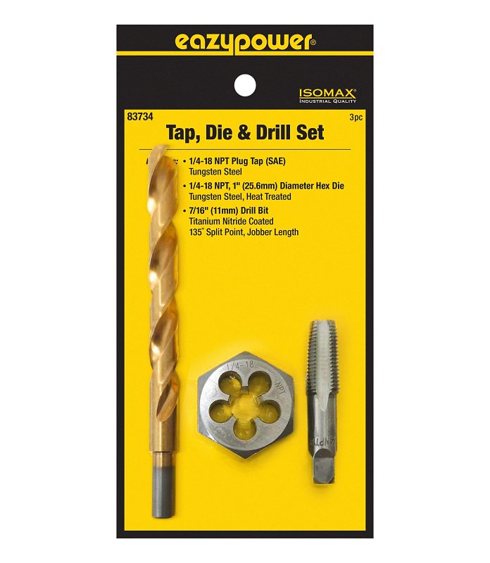 Eazypower 3‑Piece Tungsten Steel Tap & Die Set with Titanium Drill Bit