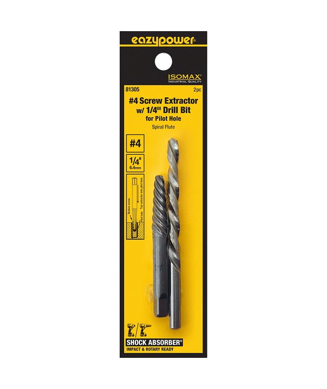 Isomax 2‑Piece Screw Extractor & Drill Bit Set – #4 Extractors with 1/4" Drill