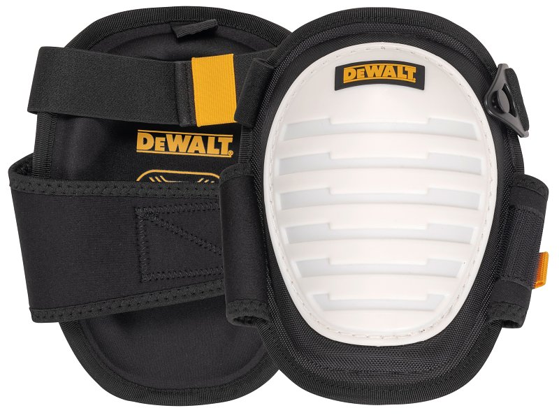 DEWALT Gel‑Cushioned Non‑Marring Knee Pads – Dual‑Strap Elastic Closure, Black/White