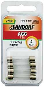 Jandorf 60631 Cartridge Fast Acting Fuse, 4 A, 250 V, 200 A, 10 kA Interrupt, Glass Body