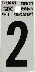 Hy-Ko RV-15 Series RV-15/2 Self-Adhesive Reflective Number, Character: 2, 1 in H Character, Black Character, Vinyl