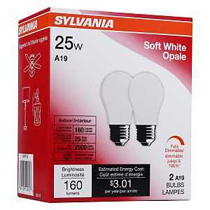 Sylvania 10562 Incandescent Bulb, 25 W, A19 Lamp, Medium Lamp Base, 160 Lumens, 2850 K Color Temp, Soft White Light
