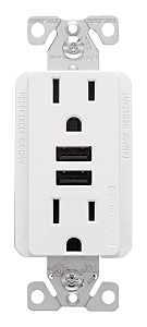 Eaton TR7765W-KB-L Series USB Combination Receptacle, White, 2-Pole, 15 A at 125 VAC, 3.6 A at 5 VDC, 125 VAC, 5 VDC