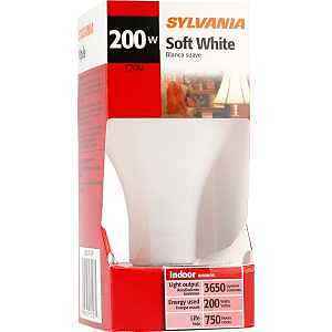 Sylvania 13103 Incandescent Bulb, 200 W, A21 Lamp, Medium E26 Lamp Base, 3650 Lumens, 2850 K Color Temp