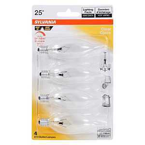Sylvania 13647 Incandescent Lamp, 25 W, B10 Lamp, Candelabra Lamp Base, 207 Lumens, 2850 K Color Temp