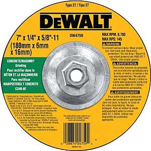 DEWALT DW4759 Grinding Wheel, Applicable Materials: Masonry, 7 in Dia, 1/4 in Thick, 5/8-11 in Arbor, 24 Grit