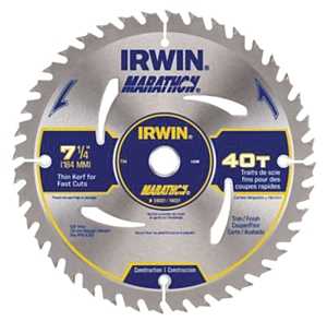 Irwin Marathon 14031 Circular Saw Blade, 7-1/4 in Dia, 5/8 in Arbor, Carbide Cutting Edge, 40-Teeth ATB Teeth