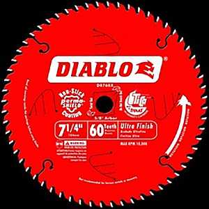 Diablo D0760A Circular Saw Blade, 7-1/4 in Dia, 5/8 in Arbor, 60-Teeth, Carbide Cutting Edge