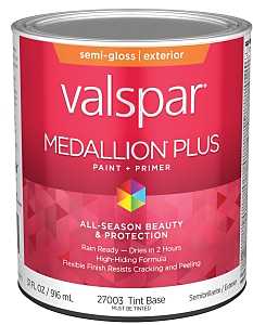 Valspar Medallion Plus 2600 028.0027003.005 Latex Paint, Acrylic Base, Semi-Gloss Sheen, Tint Base, 1 qt