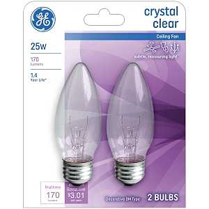 GE 22756 Ceiling Fan Bulb, C-7A Filament, Clear Lamp, 1.62 in Dia Dimensions, 25 W, B13 Lamp, E26 Medium Lamp Base