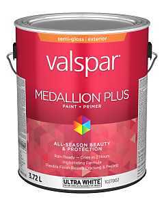 Medallion Plus 029.1027002.007 Exterior Paint and Primer, Acrylic, Semi-Gloss, Ultra White, 1 gal