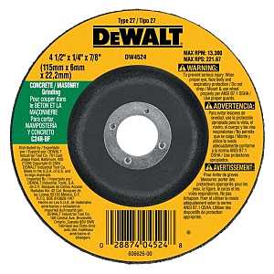 DEWALT DW4524 Grinding Wheel, 4-1/2 in Dia, 1/4 in Thick, 7/8 in Arbor, 24 Grit, Very Coarse, Silicon Carbide Abrasive