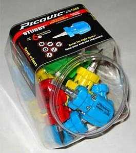 Picquic STUBBY 91000B Multi-Bit Screwdriver, 1/4 in Tip, Hex Tip, Phillips, Robertson, Slotted Drive, Solid Handle