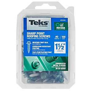 Teks 21414 Roofing Screw, 1-1/2 in L, Coarse Thread, Washer Head, Hex Drive, Sharp Point, Steel, Zinc-Plated, 100