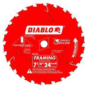 Diablo D0724A Circular Saw Blade, 7-1/4 in Dia, 5/8 in Arbor, 24-Teeth, 10,000 rpm, Carbide Cutting Edge