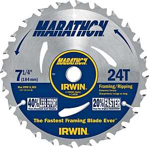 Irwin Marathon 24030 Circular Saw Blade, 7-1/4 in Dia, 5/8 in Arbor, 24-Teeth, Carbide Cutting Edge