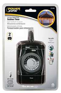 PowerZone TNO24111 Electromechanical Timer, 15 A, 125 V, 1875 W, 2-Outlet, 24 hr Time Setting, Black